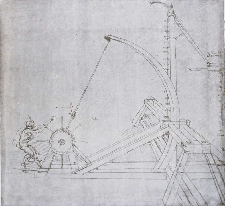 <br /> Leonardo da Vinci<br /><i>Design for a catapult&lt;/&gt;, from the “Codex Atlanticus,” fol. 51 recto, c. 1487–90<br />Drawing, 20.3 x 27.5 cm (8 x 10 7/8 in.)<br />Biblioteca Ambrosiana, Milan<br />Art Resource, NY</i>