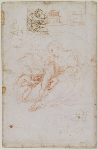 Raphael<br /><i>Virgin and Child with Saint John the Baptist and several sketches</i>, study for the <i>Madonna of Alba</i>, 1511<br />Red chalk, pen and ink on white paper, 42.2 x 27.3 cm (16 5/8 x 10 3/4 in.)<br />Musée des Beaux-Arts, Lille<br />Réunion des Musées Nationaux/Art Resource, NY
