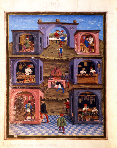 <i>Artisans in their workshops</i>, c. 1470<br />From the manuscript “De Sphaera,” fol. 12 recto<br />Illumination on vellum<br />Biblioteca Estense, Modena<br />Alfredo Dagli Orti/Art Resource, NY