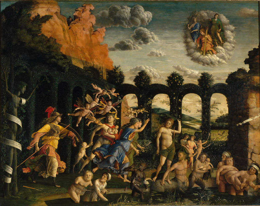 Andrea Mantegna<br /><i>Pallas and the Vices (Minerva Expelling the Vices from the Garden of Virtue)</i>, c. 1499–1502<br />Oil on canvas, 159 x 192 cm (62 3/5 x 75 3/5 in.)<br />Musée du Louvre, Paris<br />Scala/Art Resource, NY