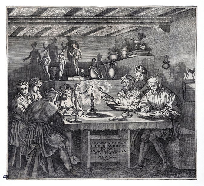 Agostino dei Musi<br /><i>The Academy of Baccio Bandinelli (L’Accademia di Baccio Bandinelli)</i> 1531<br />Engraving, 27.3 x 29.9 cm (10 3/4 x 11 13/16 in.)<br />Biblioteca Marucelliana, Florence<br />© DeA Picture Library/Art Resource, NY