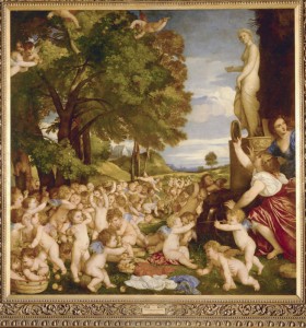 Titian<br /><i>The Garden of Loves</i>, c. 1518<br />Oil on canvas, 172 x 175 cm (67 7/10 x 68 9/10 in.)<br />Museo del Prado, Madrid<br />Erich Lessing/Art Resource, NY