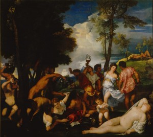 Titian<br /><i>Bacchanal (The Andrians)</i>, 1518–9<br />Oil on canvas, 175 x 193 cm (68 9/10 x 76 in.)<br />Museo del Prado, Madrid<br />Scala/Art Resource, NY