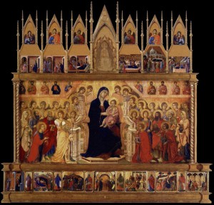 Duccio<br />Conjectural reconstruction of the <i>Maestà</i> (Madonna Enthroned). (front), 1311<br />Museo dell’Opera del Duomo, Siena<br />Digital reconstruction by Lew Minter